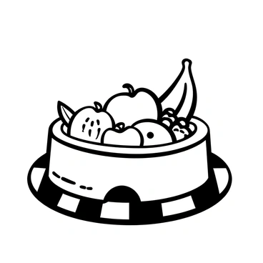 A dog bowl positioned on a chequered mat. The bowl has intricate black-and-white illustrations of various fruits, including apples, bananas, and oranges. Each fruit is distinctly outlined, showcasing its shape and features. The bowl has a shiny surface, reflecting light subtly. The mat beneath the bowl adds a contrasting pattern to the overall scene.