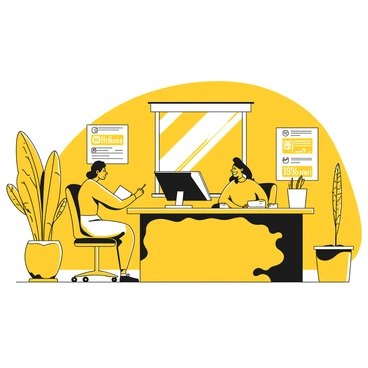 An interior of a finance office within a dealership, featuring a large wooden desk with a computer and paperwork scattered across it. Two customers are seated at the desk, engaged in conversation, with one pointing at a document while the other listens attentively. The walls are decorated with posters displaying various financing options and promotional offers. A potted plant sits in the corner, adding a touch of greenery to the room. A window allows natural light to stream in, illuminating the space.