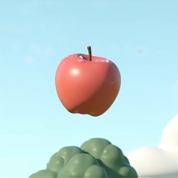 A ripe red apple, glistening with dew drops, is suspended in mid-air, just moments away from touching the ground. Its surface displays a smooth texture, reflecting the sunlight. The apple is framed against a clear blue sky, with a few wispy white clouds scattered in the distance. Below, the rich green foliage of the tree can be seen, providing a vibrant contrast to the bright colors of the apple and the sky.