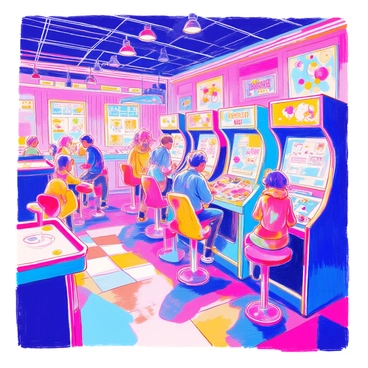 A lively arcade scene includes a variety of retro-futuristic video game machines, each adorned with vibrant neon lights in shades of pink, blue, and green. The arcade floor is bustling with people, some playing games and others gathered around watching the action. There are colorful posters on the walls featuring classic game characters, and the sound of cheerful beeping and music fills the air. In one corner, a group of friends enjoys a game of air hockey, while another player intensely focuses on a racing simulation game. The atmosphere is energetic and inviting.