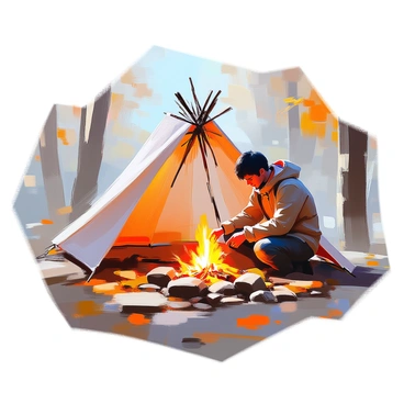A figure with dark hair wearing a rugged jacket is constructing a makeshift shelter using branches and leaves. The shelter is in the process of being assembled, with the figure focused on securing the top while kneeling on the ground. Nearby, a small fire burns brightly on a bed of stones, casting soft light and flickering shadows around the scene. The setting is surrounded by trees, with a few scattered leaves on the ground, highlighting the natural environment.