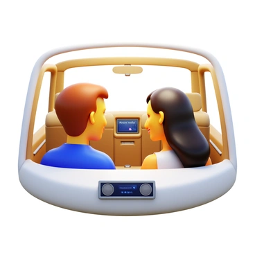 A couple sitting in a white car interior. The man has short brown hair and is wearing a casual blue shirt. The woman has long black hair and is dressed in a light summer dress. They are both smiling while looking at each other, enjoying music from a sleek stereo system mounted in the dashboard. The car seats are upholstered in soft beige leather, and sunlight streams through the windows, creating a warm atmosphere. The dashboard features modern controls and a small digital display showing the song title.