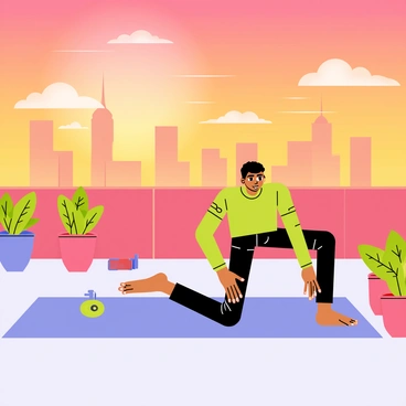 A person is positioned in a knee plank on a rooftop terrace. The individual has a focused expression, with their arms straight and body aligned. The sunset casts warm orange and pink hues across the sky, illuminating the scene. In the background, city buildings can be seen silhouetted against the colorful sky. The terrace is decorated with potted plants, adding a touch of greenery to the urban setting.