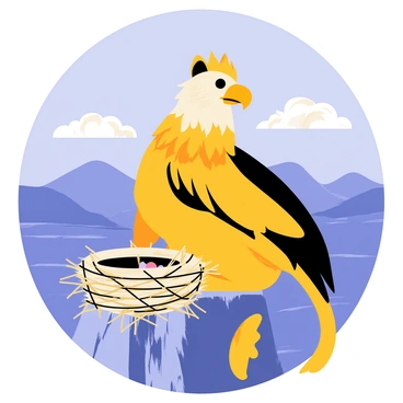 A griffin with a majestic eagle's head and lion's body is perched protectively over its nest on a high mountain peak. The griffin's feathers are a rich golden color, contrasting with its dark brown fur. The nest is woven with twigs and soft materials, nestled securely among the rocky outcrops. The background features expansive panoramic views of rolling hills and valleys stretching into the distance under a clear blue sky. Fluffy white clouds dot the horizon, adding depth to the vast landscape below.