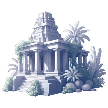 An ancient temple with intricate stone carvings and towering columns is partially hidden by dense, lush foliage. Vines and large leaves drape over the temple's edge, intertwining with the architecture. The temple features multiple levels and a central staircase leading up to a grand entrance adorned with symbols of ancient civilizations. Surrounding the temple, various types of greenery create a vibrant and thriving ecosystem, with some plants appearing to reach toward the temple structures. Sunlight filters through the canopy of leaves, casting dappled shadows on the temple's weathered stones.
