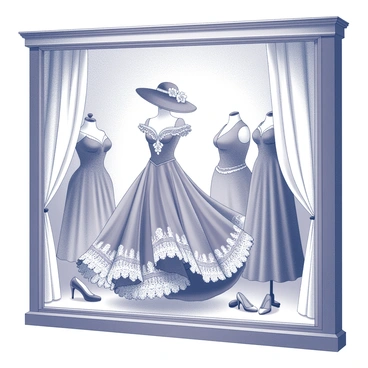 A dress shop window display showcasing a variety of fashions inspired by "Carmen." The centerpiece is a flowing gown with dramatic ruffles and intricate lace detailing, reminiscent of Spanish flamenco attire. Surrounding the gown are accessories such as a wide-brimmed hat adorned with flowers and a pair of elegant, heeled shoes. The window is framed with decorative elements like wrought-iron accents and soft fabric draping, creating an inviting atmosphere. A mannequin stands under soft lighting, showcasing the movement and design of the dress in a dynamic pose.