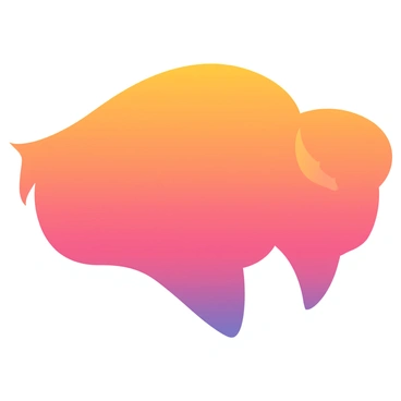 A silhouette of a bison head is prominently displayed in the center of the image. The bison's horns curve upward, defining its robust features. The silhouette is filled with a gradient that transitions from deep orange at the top to vibrant pink and soft purple toward the bottom, resembling a sunset. The background is a smooth, pale color that allows the silhouette and the gradient to stand out sharply.