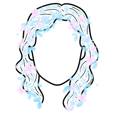 A line art representation of a face is filled with intricate floral patterns that flow seamlessly into the hair. The hair is styled in long, curling waves, and the floral designs include various flowers, leaves, and vines interwoven throughout. The patterns create a harmonious blend, with some flowers blooming at the top of the head and trailing down along the sides. The overall composition emphasizes the elegance and detail of the floral elements against the simplicity of the line art face.