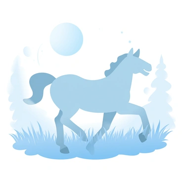 A ghostly horse is galloping through a field filled with tall grass that sways gently in the breeze. The horse has a translucent appearance, with shimmering outlines that suggest its ethereal nature. Above, a large moon casts silvery light across the scene, illuminating the grass and creating soft shadows. Wisps of mist weave through the grass, adding an air of mystery to the atmosphere. In the background, the silhouettes of distant trees frame the scene against the night sky, which is dotted with faint stars.