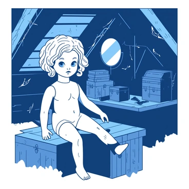 A vintage doll with cracked porcelain skin is sitting on a dusty wooden shelf in a dimly lit attic. The doll has bright blue glass eyes that appear to gaze into the shadows. Its hair is styled in soft curls, slightly disheveled, and is a faded blonde color. The attic is filled with cobwebs and old trunks, with beams of muted light filtering through small windows. In the background, there are stacks of old books and a broken mirror, creating an atmosphere of nostalgia and mystery.