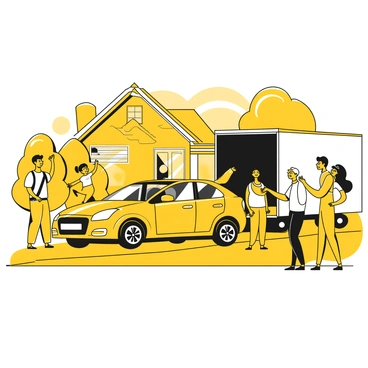 A family of four standing outside their house, eagerly waiting for a car to arrive. The parents, a man and a woman, exhibit joyful expressions, while their two children, a boy and a girl, are jumping up and down with excitement. The transport driver, a smiling individual wearing a cap, is approaching the car as it is being unloaded from the transport truck. The car is parked on the driveway, shiny and new. The background shows a suburban neighborhood with houses and trees.