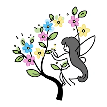 A flower fairy with delicate, iridescent wings is perched on a branch of a tree that is adorned with vibrant flowers of various colors. She is gently picking sparkling, magical fruits from the tree, her long, flowing hair cascading down her shoulders. The fruits have a luminous glow, contrasting with the rich green leaves of the tree. The background features more flowers blooming, creating a lush, enchanting atmosphere.