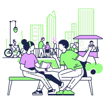 A student is sitting on a park bench, sketching a busy city street scene in their sketchbook. The student has curly hair tied back with a green headband and is wearing a casual t-shirt and jeans. The sketchbook is open on their lap, showing a partially completed drawing of various elements from the scene. In front of them, there are people walking, some are talking while others are on their phones. A food cart is stationed on the sidewalk, with customers lining up to order. Bicycles are leaning against a nearby post, and tall buildings in the background reach towards the sky. The atmosphere is lively, filled with the hustle and bustle of the city.