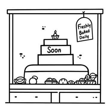 A bakery window displaying a large cake with the words "Coming Soon" written in icing on top. There are various pastry items, including croissants and muffins, arranged artfully on the window sill. The glass of the window has a few smudges, and there are faint reflections of the street outside. A small decorative sign hanging from the top of the window reads "Freshly Baked Daily."