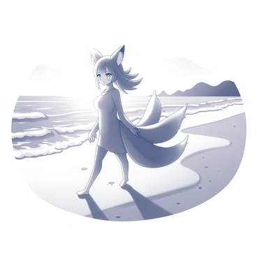 A character with fox-like features and flowing hair is walking along a beach. She has nine tails that trail behind her as she moves. The setting sun casts a soft light, creating silhouettes in the background. Small waves are gently lapping at her feet, leaving temporary impressions in the sand. The horizon displays a gradient of shapes from the sun dipping down.
