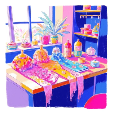 A table in a boutique displays a collection of beautifully patterned vintage scarves. Each scarf features intricate designs, including floral motifs, geometric shapes, and paisley patterns. The scarves are arranged in a visually appealing manner, some folded neatly while others are draped elegantly. The table is made of polished wood, enhancing the vintage aesthetic. Soft, natural light filters through a nearby window, illuminating the vibrant colors of the scarves. In the background, shelves are lined with additional accessories, adding to the boutique atmosphere.