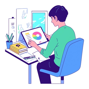 A designer with short black hair is focused on creating a logo on a digital tablet. The designer is sitting at a modern desk with a vibrant blue chair. The digital tablet displays a colorful logo in progress, featuring bold shapes and lines. Surrounding the designer are various tools and sketches, including a stack of yellow design books and a cup filled with teal markers. The workspace has a bright atmosphere, illuminated by natural light streaming through a nearby window.