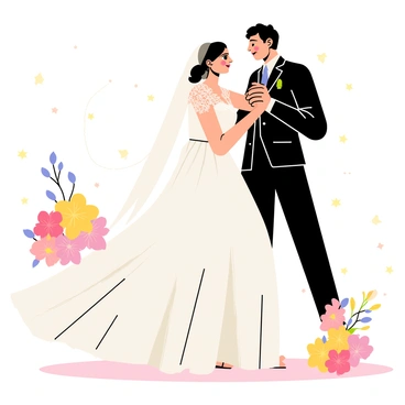 A bride in a flowing white gown and a groom in a dark suit are sharing their first dance on a softly lit dance floor. The bride's gown has intricate lace details and a long train that flows gracefully behind her. The groom is holding her gently at the waist as they sway together. Around them, delicate twinkling lights create a warm and romantic atmosphere. The floor is glossy and reflects their movements, while elegant floral arrangements in soft pastel colors are placed nearby, adding to the enchanting setting.