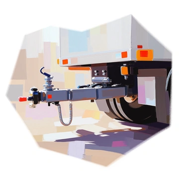 An illustration showcasing a truck's trailer hitch system, emphasizing the locking mechanism. The hitch is mounted on the rear of a heavy-duty truck, displaying its robust construction. The focus is on the locking mechanism, which consists of a release handle and a sturdy latch, ensuring a secure connection to the trailer. The area around the hitch is detailed, showing the steel framework and the bolted connections that hold it in place. The background includes the truck's rear bumper and tailgate, providing context to the hitch's functionality.