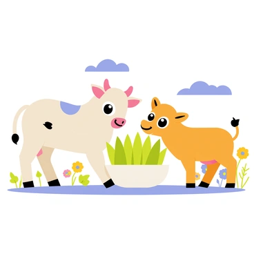 A whimsical scene featuring a two-headed calf with large, expressive eyes and playful ears. The two-headed calf is positioned on the left, its two heads playfully leaning towards each other as they share a round bowl filled with vibrant green grass. Next to it, on the right, is a single-headed calf with soft brown fur and bright, inquisitive eyes, eagerly nibbling on the grass from the bowl. Surrounding the calves is a colorful backdrop of blooming flowers and a bright blue sky, adding to the cheerful atmosphere of the scene.