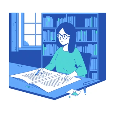 A blue-clad individual wearing glasses is intently reviewing a large contract document in a serene library. The person is seated at a wooden table surrounded by tall shelves filled with books. Soft natural light filters through nearby windows, illuminating the focused expression on their face. The contract is spread open on the table, and a teal pen rests next to it, ready for notes. A few scattered paper clips are visible near the edge of the table, adding to the organized atmosphere of the library.