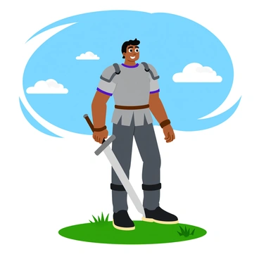 A warrior in simple, practical armor standing on an open plain under a vast sky