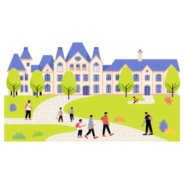 The Fulda University campus featuring a variety of historic buildings with intricate architectural details. Students are walking along cobblestone paths, some are chatting in small groups, while others are carrying backpacks and books. Lush green trees and colorful flower beds are visible around the campus, adding vibrancy to the scene. The sky is clear blue, reflecting a bright and sunny day.