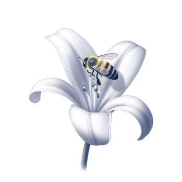 A bumblebee is perched on the stamen of a white lily, its body covered in fine hairs. The bee has distinct black and yellow bands on its abdomen, while its wings are semi-transparent, glistening in the light. The stamen of the white lily is slender and elongated, with pollen grains visible on its surface. The petals of the lily are broad and curved, radiating outward around the bee. The scene captures the intricate details of the bee's interaction with the flower, showcasing the delicate balance of nature.