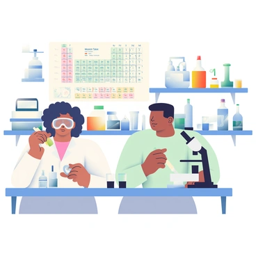 Two scientists are working in a laboratory filled with molecular biology equipment. One scientist, a woman with dark curly hair, is wearing a white lab coat and goggles, carefully pipetting a liquid into a small test tube. The other scientist, a man with short black hair, is examining a petri dish under a microscope. On the lab bench, there are various samples in labeled vials, a centrifuge, and a small incubator. A large periodic table poster is displayed on the wall, and there is a fume hood in the background with glassware and safety equipment. The room is brightly lit and organized, displaying the tools of molecular biology research.