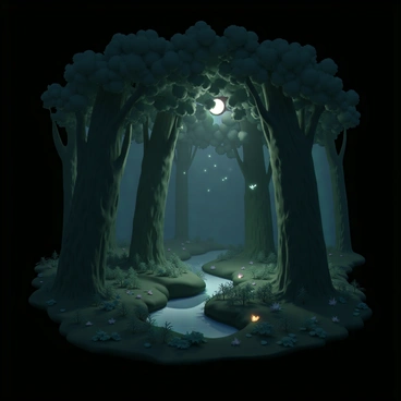 A dense forest filled with tall trees, their trunks covered in lush green moss. The canopy is thick, allowing only slivers of moonlight to filter through, casting soft shadows on the forest floor. The ground is scattered with fallen leaves and small plants, illuminated gently by the moon's glow. In the background, a small, tranquil stream runs through the woods, reflecting the light of the moon. Wisps of mist hover close to the ground, adding an ethereal quality to the scene. Small, luminescent creatures flit through the air, adding subtle points of light amidst the dark foliage.