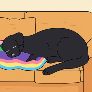 A black Labrador with shiny fur is peacefully napping on a cozy couch. The dog has its eyes closed and a relaxed expression on its face. A soft, colorful blanket is draped over the dog, partially covering its body. The couch is upholstered in a warm, inviting fabric with subtle patterns. A couple of plush cushions are positioned behind the dog, enhancing the comfort of the scene. The room has a warm atmosphere with soft lighting, creating a sense of tranquility.