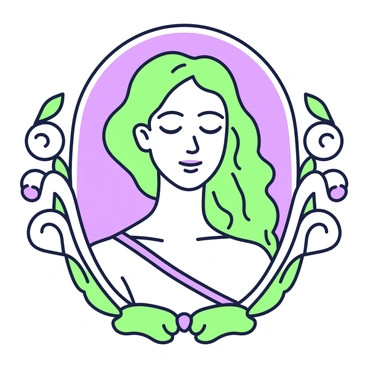 A portrait of a person with flowing hair is centered in the image. The hair cascades down in soft waves, framing the person's face. The individual has a serene expression, with their eyes gazing softly towards the viewer. Surrounding the person are decorative elements reminiscent of art nouveau design. These features include intricate, organic shapes and swirling patterns that extend outward, creating a harmonious backdrop. The composition emphasizes the graceful curves and fluid lines characteristic of this style, enhancing the overall elegance of the portrait.