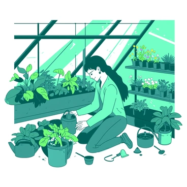 A teal gardener is kneeling on the ground, carefully tending to a variety of vibrant green plants in a sunny greenhouse. Sunlight filters through the glass panes, creating patterns of light and shadow on the floor. Surrounding the gardener are various pots filled with colorful flowers and lush foliage. The greenhouse has wooden shelves lined with small seedlings, and there are watering cans and gardening tools scattered nearby. The overall atmosphere is lively and filled with the rich textures of the plants.
