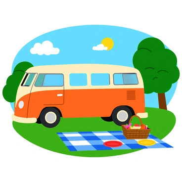 A classic VW bus in a vibrant shade of orange parked next to a blue and white checkered picnic blanket spread out on the grass in a sunny park. The bus has a white stripe running along its side and large round headlights. Nearby, a wicker basket filled with colorful fruits and sandwiches sits on the blanket, alongside a couple of bright red and yellow plates. The sun shines brightly overhead, and a few fluffy white clouds float in the blue sky. Lush green trees surround the park, adding to the cheerful atmosphere.
