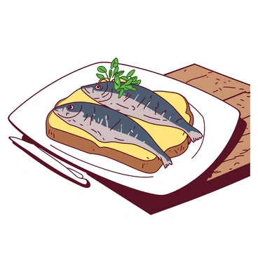 A white plate holds a serving of sardines on golden-brown toast. The sardines are glistening, showing their rich texture, and they are arranged neatly atop the toast. Garnished with bright green herbs, the dish adds a pop of color. The rustic wooden table features visible grain patterns, enhancing the homely feel of the scene. The lighting casts soft shadows, emphasizing the details of the toast and sardines.