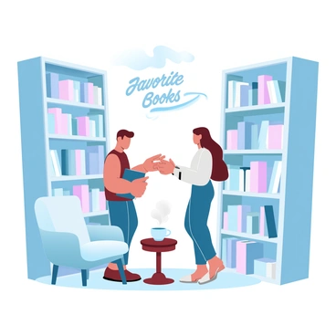 Two friends are standing in a cozy library corner surrounded by tall bookshelves filled with various books. One friend is holding a book with a colorful cover, while the other friend is reaching out to exchange it for a book with a simple, elegant design. A plush armchair is nearby, accompanied by a small wooden table topped with a steaming cup of tea. Soft lighting illuminates the scene, creating a warm atmosphere. "Favorite Books" is displayed in decorative lettering on a nearby wall.