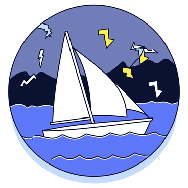 A sleek yacht with a white hull is cutting through choppy waves. The waves are tall and cresting, showing hints of white foam at the peaks. The yacht sails with its sails fully opened, demonstrating its resilience against the wind. Above, the sky is filled with dark, ominous clouds, creating a dramatic backdrop. Occasional flashes of lightning illuminate the scene, reflecting on the surface of the water. The overall atmosphere conveys the challenge of navigating through rough seas.