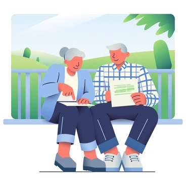 An elderly couple is sitting closely together on a wooden porch. The woman has silver hair styled in a neat bun, wearing a light blue cardigan over a white blouse. The man has gray hair and is wearing a plaid shirt and dark jeans. They are both focused on a financial plan document spread out on their laps, with the woman pointing at a specific section while the man listens attentively. In the background, a lush green landscape stretches out, with rolling hills and a few trees under a clear blue sky. A gentle breeze is rustling the leaves, creating a sense of peacefulness around them.