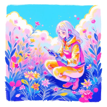 A futuristic gardener tending to plants in a floating garden in the sky.