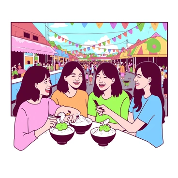 A group of four friends is sitting at a vibrant outdoor festival, each holding a bowl of cendol topped with green pandan jelly and sweet coconut milk. The friends are smiling and laughing, with one person playfully sprinkling shaved ice over another's bowl. Colorful festival decorations, including bright banners and string lights, hang above them, creating a festive atmosphere. In the background, a large crowd of people can be seen enjoying various stalls and activities, contributing to the lively ambiance of the scene.