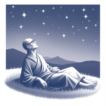 A guru lies on a grassy hill, his body relaxed and at ease. He is dressed in traditional robes that gently drape around him. His eyes are focused upward, gazing at a sky filled with numerous stars, each twinkling brightly against the dark expanse. Surrounding him, the grassy hill is gently undulating, with blades of grass swaying slightly in a light breeze. In the distance, a silhouette of a mountain range is visible under the starry night, enhancing the tranquility of the scene.