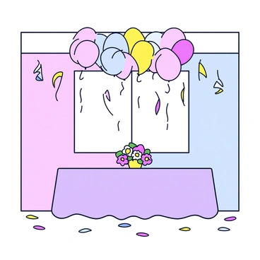 A room with walls painted in soft pastel colors. The ceiling is adorned with clusters of balloons in shades of pink, blue, and yellow. A long table is covered with a light lavender tablecloth, and on top of it sits a centerpiece made of pastel-colored flowers. Around the room, streamers hang from the corners, adding a playful touch. The floor is decorated with scattered confetti in various pastel hues.