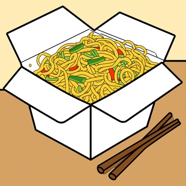 A white takeout box is opened wide, overflowing with bright yellow Maggi noodles. The noodles are garnished with green chives and small pieces of colorful vegetables. Next to the box, a pair of wooden chopsticks rests, positioned as if ready for someone to pick them up. The scene is set on a simple wooden table surface, enhancing the focus on the takeout box. The texture of the noodles appears playful and inviting, making the dish look appetizing.