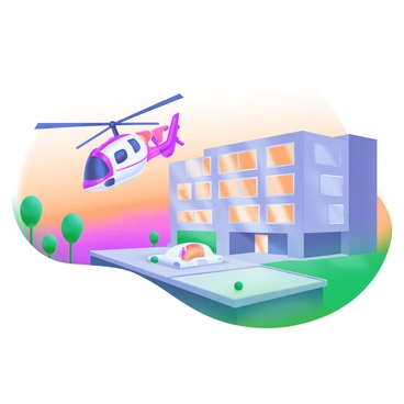 A medical helicopter is descending towards a hospital helipad as the sun sets in the background, casting warm orange and pink hues across the sky. The helicopter is painted in bright red and white colors, with its rotor blades spinning. On the helipad, the hospital building is visible in the background, featuring large windows that reflect the colors of the sunset. Surrounding the helipad, there are small trees and shrubs adding greenery to the scene. The atmosphere conveys a sense of urgency and care as the helicopter approaches.