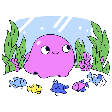 A blobfish with a pink, bulbous body is at the front of a classroom made of green seaweed. The blobfish has large, expressive eyes and a friendly demeanor. In front of it, a diverse group of small fish, including a yellow clownfish, a blue tang, and a tiny seahorse, are attentively listening. The seaweed classroom has walls made of intertwined kelp, and colorful coral decorations are scattered around. Sunlight filters down through the water, creating a gentle blue glow in the space.
