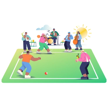 A vibrant croquet game is taking place on a well-maintained green lawn. Several players in colorful attire are engaged in the game, with one player preparing to strike a ball with a mallet. The sun is shining brightly, casting shadows on the grass. In the background, a jazz band consisting of musicians playing a saxophone, trumpet, and double bass is positioned on a small stage. The musicians are dressed in classic black and white outfits, smiling while they perform. Guests are seated at small tables nearby, enjoying refreshments and watching the game.