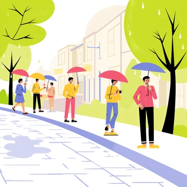 A street scene with a cobblestone pathway, scattered puddles reflecting the cloudy sky. Several people are walking along the street, each holding colorful umbrellas in shades of red, blue, and yellow. The rain is falling gently, creating ripples in the puddles. Trees line the sides of the street, their leaves lush and green, glistening with raindrops. A quaint café with large windows can be seen in the background, with warm light spilling out onto the sidewalk.