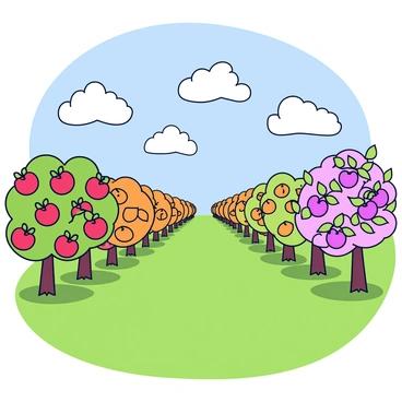 An expansive orchard filled with rows of different types of fruit trees. There are apple trees with red apples, orange trees loaded with vibrant oranges, and cherry trees adorned with clusters of pink cherries. The sky above is clear and bright, with a few fluffy white clouds scattered throughout. The ground is covered with lush green grass, and the sunlight casts gentle shadows from the trees.