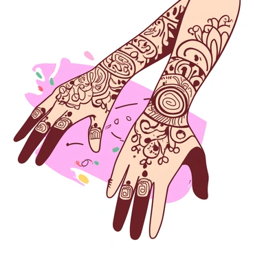 A close-up view of a bride's arms adorned with intricate mehndi patterns. The patterns feature detailed floral designs, swirling vines, and delicate motifs that cover the skin. The mehndi is a rich hue that contrasts beautifully against the bride's warm skin tone. The bride's arms are elegantly posed, showcasing the intricate details of the design. In the background, there are hints of soft, vibrant colors to enhance the beauty of the mehndi patterns.