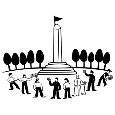 A large veterans' memorial stands prominently, surrounded by an audience dressed in formal attire. Groups of individuals, both men and women, are gathered, some kneeling to lay "wreaths" at the base of the memorial. Others stand in a straight line, "saluting" the monument with respect. Flags are positioned around the memorial, fluttering gently. The scene is characterized by an air of reverence and solemnity, with trees lining the background.